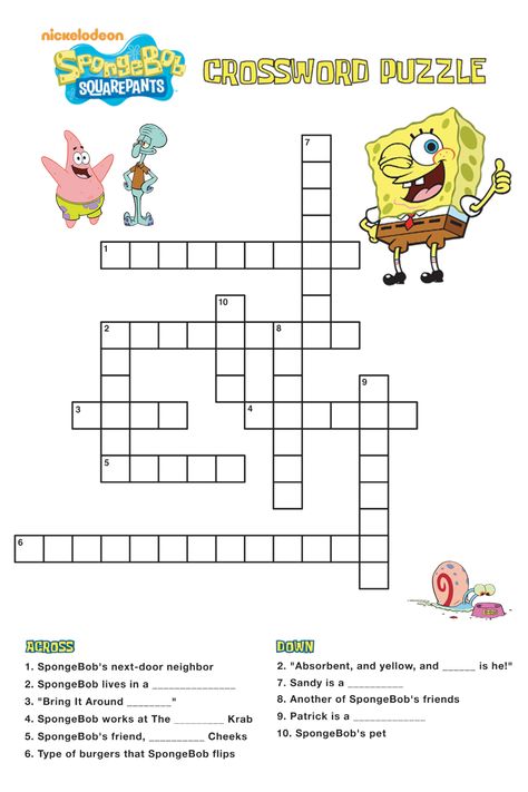 Could you be a resident of Bikini Bottom? Show off your SpongeBob knowledge with this puzzle. Print the free SpongeBob Crossword Puzzle from Popsicle and put your SpongeBob trivia to the test. Spongebob Games, Spongebob Friends, Types Of Burgers, Printable Games For Kids, Favorite Cartoon Character, Crossword Puzzle, Printable Games, Free Games, Popsicles