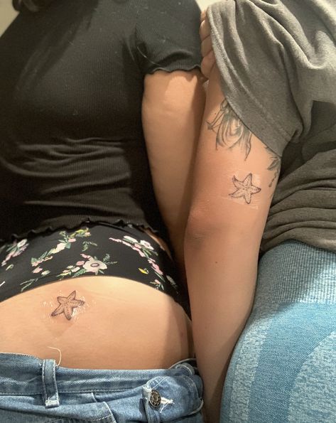 Star And Sea Tattoo, Sea Tatoos The Ocean, Matching Holiday Tattoos, Mini Starfish Tattoo, Simple Starfish Tattoo, Little Starfish Tattoo, Tiny Starfish Tattoo, Small Starfish Tattoo, Matching Ocean Tattoos