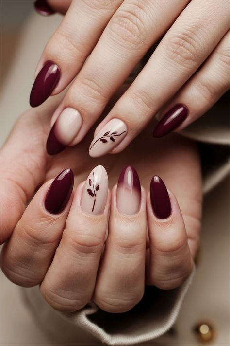 Embrace the beauty of the season with chic natural nails featuring stunning fall nail ideas that perfectly encapsulate autumn's essence. This stylish look combines rich burgundy and warm taupe hues, creating a sophisticated yet cozy vibe on your fingertips. The simplicity of the design highlights the elegance of natural nails, making them versatile for any occasion. Discover your next favorite fall nail idea and let your nails shine! Thanksgiving Nail Ideas Almond, Maroon Autumn Nails, Fall Nail Designs Round Shape, Autumn Nails Round, Burgundy Nails For Fall, Nails With Maroon Dress, Wedding Season Nails, November Wedding Nails, Maroon Thanksgiving Nails