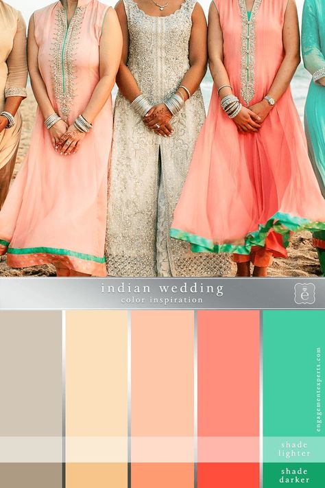 We love everything about this indian wedding color scheme. The way that the warm peachy tones complement each other and are grounded by the taupe hue. The strong green accent is the perfect pop of color that makes this color combination so exciting. Indian Wedding Color Schemes, Engagement Party Colors, Indian Engagement Party, Wedding Color Schemes Green, Taupe Color Schemes, Big Indian Wedding, Wedding Color Schemes Blue, Indian Engagement, Wedding Color Scheme