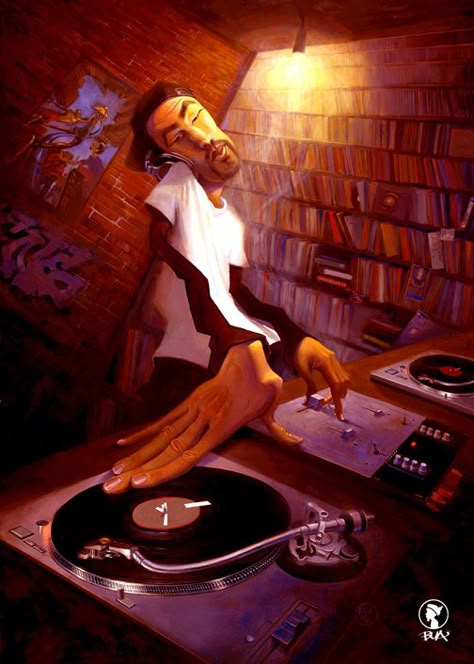 One of my favorite Justin Bua pieces. The DJ by BUA - Original not for Sale - #ART #MUSIC #DJ Arte Jazz, Dj Art, Jazz Art, Black Art Painting, Afrocentric Art, Hip Hop Art, Black Artwork, Afro Art, African American Art