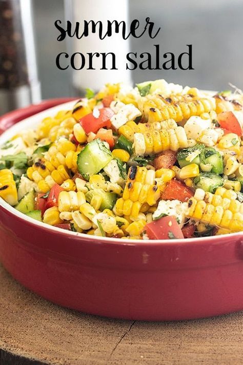 Super fresh summer corn salad made with corn, straight off the cob, and tossed with fresh veggies, feta cheese, and a homemade dressing.  Everyone loves this quick and easy salad! Great as a potluck salad or a bbq salad too! #cookswithcocktails #cornsalad #roastedcorn #bbqsalad #potlucksalad via @CookswCocktails Corn Salad With Feta, Roasted Corn Salad, Bbq Salad, Potluck Salad, Fresh Corn Salad, Bbq Salads, Salad With Feta, Corn Salad Recipes, Feta Recipes