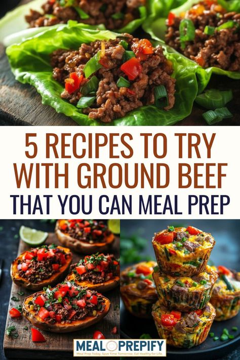 A vibrant collage showcasing a variety of meal prep recipes using ground beef, featuring different dishes and ingredients. Hamburger Meal Prep Ground Beef, Meal Prep Using Ground Beef, Ground Beef Marinade, Ground Beef Lunch Recipes Healthy, Health Ground Beef Recipes, Ground Beef Lunch Recipes, Meal Ideas With Ground Beef, Ground Beef Meal Prep Recipes, Ground Beef Meal Prep