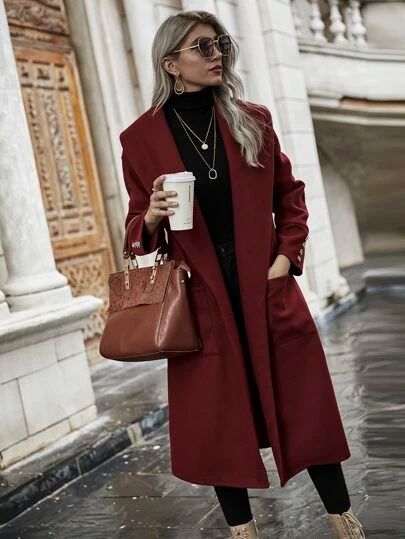 Double Breasted Lapel Collar Overcoat | SHEIN USA Maroon Coat Outfit, Maroon Coat, Long Coat Outfit, Winter Coat Outfits, Winter Fashion Coats, Coat Outfit, Women Overcoat, Women Shawl, Coat Outfits