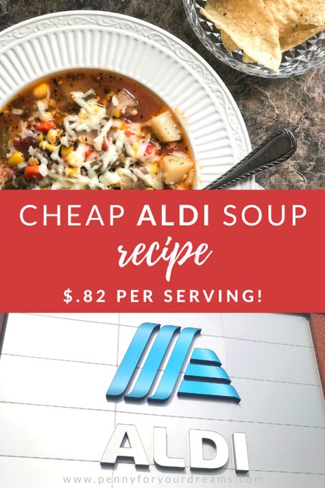 Make this cheap ALDI soup recipe in just 30-45 minutes! This hearty fall meal uses only healthy ingredients, and costs just $.82 per serving! The autumn season calls for budget-friendly dinners like hot soups and stews! Save extra money by meal planning and shopping at ALDI! Hearty Fall Meal, Hearty Soups And Stews, Aldi Recipes, Fall Meal, Budget Friendly Dinner, Grocery Savings, Fall Soup Recipes, Frozen Green Beans, Fall Soups