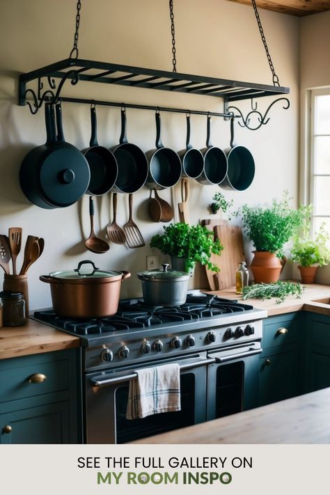 Inspiring 40 farmhouse kitchen ideas, showcasing rustic designs, beautiful decor styles, and vibrant tones. A single image captures different design elements to help create a warm, inviting cooking space. Pot Rack In Pantry, Pot And Pan Organization Hanging, Kitchen Pot Rack Ideas, Kitchen With Hanging Pots And Pans, How To Hang Cast Iron Skillets On Wall, Pots And Pans Display, Exposed Shelves Kitchen, Cast Iron Storage Ideas, Kitchen Hanging Pot Rack