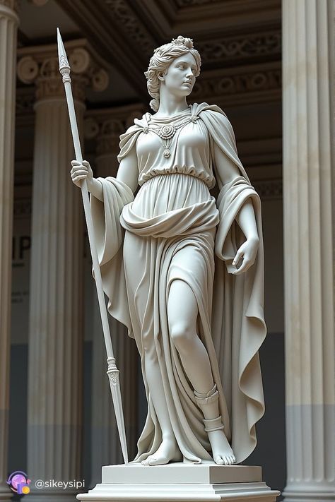 This statue of Athena in a battle stance highlights her as a warrior and protector. With a spear in hand and an unwavering expression, she stands ready to defend her lands and people. #Athena #WarriorGoddess #BattleStance #GreekMythology #Goddess Athena Warrior Goddess, Roman Goddess Statue, Female Warrior Statue, Athena Spear Tattoo, Ancient Greek Sculpture Goddesses, Athena Statue Aesthetic, Aprodithe Statue, Goddess Statue Aesthetic, Greek Godesses Aesthetic