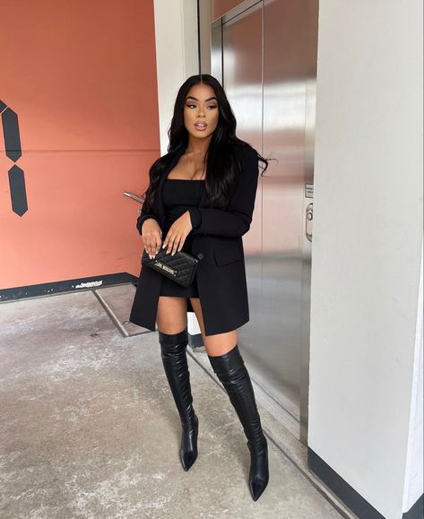 All Black Thigh High Boots Outfit, Mini Dress And Thigh High Boots, All Black Outfit For Party Night Winter, Womens Date Night Outfits Classy, Bday Dinner Outfit Winter, High Heel Boots Outfit Black Women, Knee High Boots Outfit Club Night, Thigh High Boots Aesthetic, Pointed Toe Boots Outfit