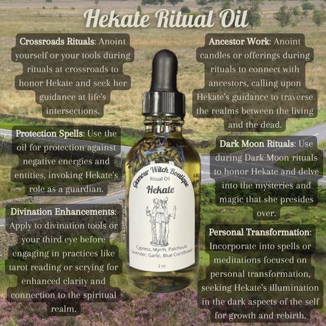 🌙 Embrace the mystique of the night with our Hekate Ritual Oil 🌙 Crafted to honor the goddess of magic, witchcraft, and the crossroads, this enchanting blend is a tribute to Hekate’s ancient wisdom and power. Infused with sacred herbs and oils, each drop ignites the flame of intuition and guides you through the shadows of transformation. Illuminate your rituals and invoke the divine energy of Hekate as you embark on your spiritual journey. 🕯️✨ Shop: GlamourWitchBoutique.com #GlamourWitchB... Herbs For Hekate, Hecate Oil Recipe, Hekate Herbs, Hekate Night, Hekate Ritual, Mother Hekate, Hecate Altar, Homemade Oils, Oil Witchcraft