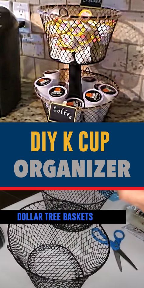 DIY Farmhouse Decor Idea - K-cup Organizer Made With Dollar Tree Supplies - DIY Organizing Ideas for Kitchen - How to Organize Coffee and Creamer Station DYI Organizing Ideas For Kitchen, Tree Baskets, Dollar Tree Baskets, K Cup Storage, Farmhouse Backyard, Diy Farmhouse Ideas, Cup Organizer, Coffee Pod Storage, Diy Coffee Bar