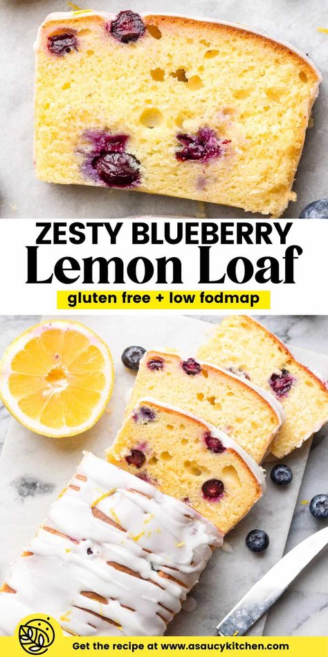 Juicy blueberries and fresh lemon zest flavor this tender and delicious Gluten Free Blueberry Lemon Loaf! It's made with simple ingredients without too much fuss. It tastes like a slice of sunshine in every bite! | Gluten Free + Dairy Free Option Gluten Free Lemon Blueberry Pound Cake, Blueberry Lemon Gluten Free, Gluten Free Lemon Loaf, Blueberry Lemon Loaf, Low Fat Cake, Lemon Blueberry Loaf, Blueberry Loaf, Gluten Free Pastry, Lemon Blueberry Bread