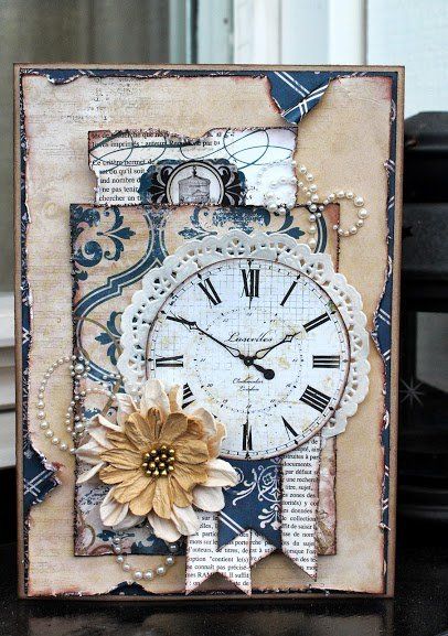 Vintage Look Handmade Cards, Vintage Homemade Cards, Vintage Card Ideas, Shabby Chic Cards Handmade, Steampunk Cards, Vintage Cards Handmade, Clock Card, Mixed Media Cards, Shabby Chic Cards