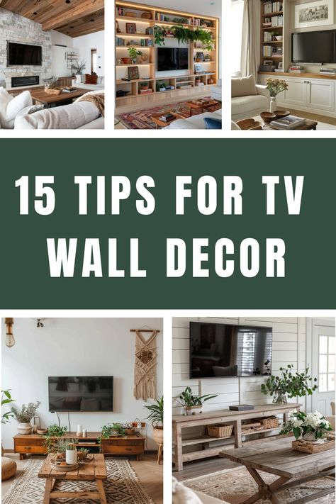 Try these tips to create a stylish TV wall by using a handful of decor items you might have around your home. What To Put On Tv Wall, Tv Stand Vs Wall Mount, Gallery Wall Around Tv Tv Stands, Prints Around Tv, Tv Above Sideboard Ideas, Behind Tv Wall Decor Bedroom, Entertainment Center Wall Decor, Decorating Around A Large Tv, Sides Of Tv Wall Decor