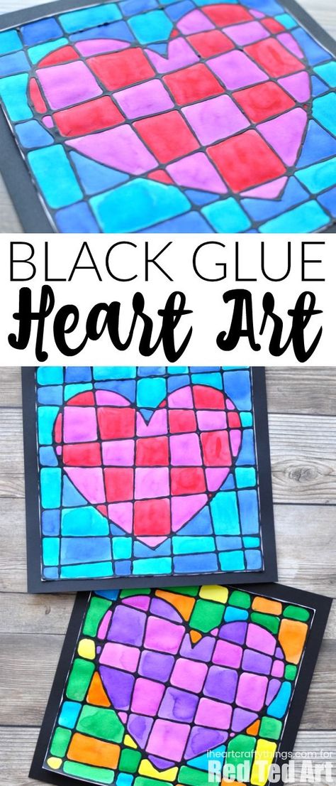 Black Glue Heart Art Project - Stained Glassed Heart Art. How beautiful is this art projects for kids this Valentine's Day? Would make a gorgeous gift too!  #blackglue #heartart #valentinesday #artprojects #kidscrafts #art Heart Art Projects, Valentine Art Projects, Black Glue, Glue Art, Project Red, Art Projects For Kids, Cubism Art, Valentines Art, Valentines Day Activities