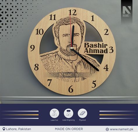 Personalized Wooden Wall Clock, Birthday Gift | Anniversary Gift | Picture Clock SHOP NOW. https://www.nameit.pk/products/personalized-wooden-wall-clock-birthday-gift-anniversary-gift-picture-clock Mdf Clock Design, Resin Clock With Photo, Resin Clock On Mdf, Resin Clock With Name, Picture Clock, Wooden Watch Engraved, Clock Shop, Wooden Wall Clock, Wooden Wall