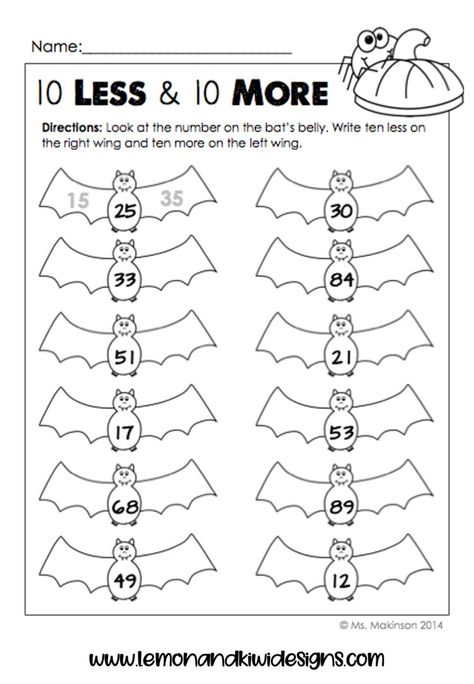 October Printables, Ten More Ten Less, First Grade Literacy, Bat Printable, Halloween Math Worksheets, Halloween Math Activities, Easter Worksheets, Holiday Math, 4 October