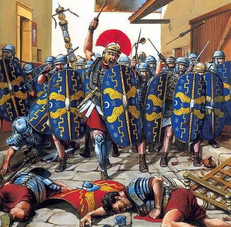 Year of Four Emperors. Praetorians charge the streets of Cremona in aftermath of the main battle. Artist unknown, unfortunately. Imperial Legion, Roman Armor, Roman Warriors, Roman Legion, Rome Antique, Ancient Warfare, Roman Soldiers, In Memoriam, Roman Emperor