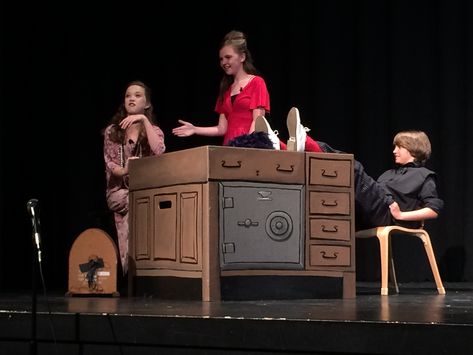 Mrs. Hannigan's desk and safe Annie Play, Theater Stage Design, Annie The Musical, Annie Musical, Production Ideas, Annie Jr, Teacher Lifestyle, Theatre Backdrops, Theatre Set Design