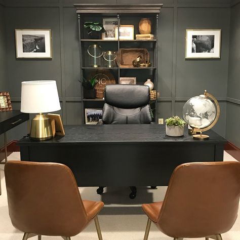 Sleek, sophisticated, and ready for business.  📷 (IG): @lauraaguilarinteriors    #nadeau #furniturewithsoul #homeoffice #homedecor #interiordesign #leatherchair #leather #modern #industrial #masculine #office Office Decor Male Professional, Globe Office Decor, Black Desk Home Office Ideas, Home Office Leather Chair, Home Office Executive, Office With Guest Chairs, Black And Leather Office, Attorney Office Decor Professional, Coffee Table In Office