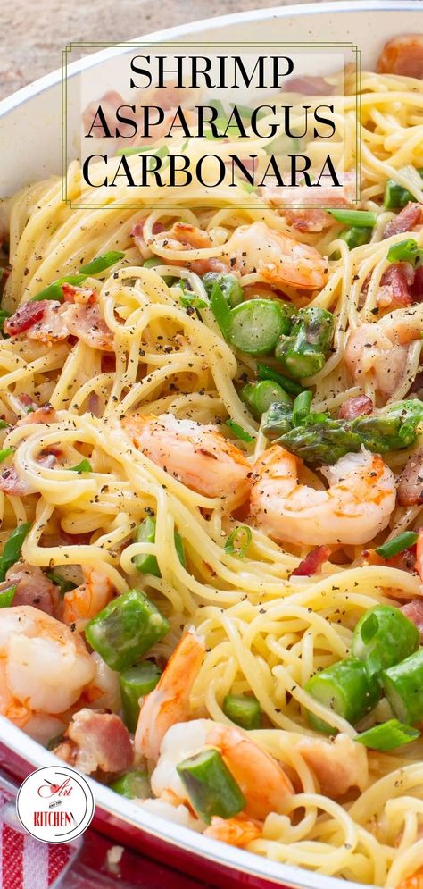 A classic pasta carbonara recipe with tender shrimp and spring fresh asparagus. This creamy pasta dish is quick and easy, making it perfect for those busy weekday dinners. Sauteed Shrimp And Asparagus Recipe, Summer Shrimp Dishes, Shrimp Pasta With Asparagus, Shrimp And Asparagus Alfredo, Prawn Asparagus Pasta, Ideas For Shrimp Easy Dinners, Shrimp With Asparagus Recipes, Pasta And Prawns Easy Recipes, Fish Pasta Dinner Recipes