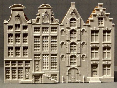 The models show four types of gable seen on houses along the canals in Amsterdam. They are: Bell Gable (Klokgevel) Neck Gable (Halsgevel) Spout Gable (Tuitgevel) Step Gable (Trapgevel) SIZE: 5cm. x 8cm. x 14.25cm. high. Each model consists of three parts: Gable, House and Roof, designed to be slotted together and fixed in place with Superglue. (See diagram above.) The House and Roof parts are the same for all four models. The Roof fits snuggly into the House, so if the Roof is not glued into pl Canal House Amsterdam, Gingerbread House Designs, Gable House, Amsterdam Houses, Paper Architecture, Dutch House, Pottery Houses, Set Design Theatre, Interior Design Presentation