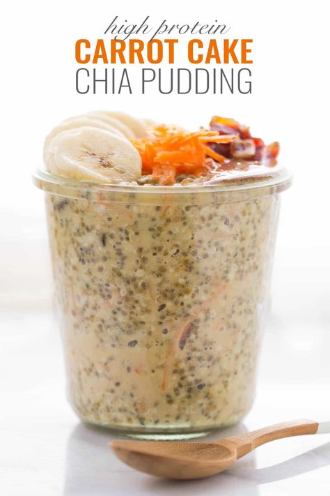 High Protein Carrot Cake, Protein Carrot Cake, Healthy Vegan Dessert, Chia Recipe, Chia Seed Recipes, Simply Quinoa, Chia Pudding Recipes, Protein Powders, Chia Seed Pudding