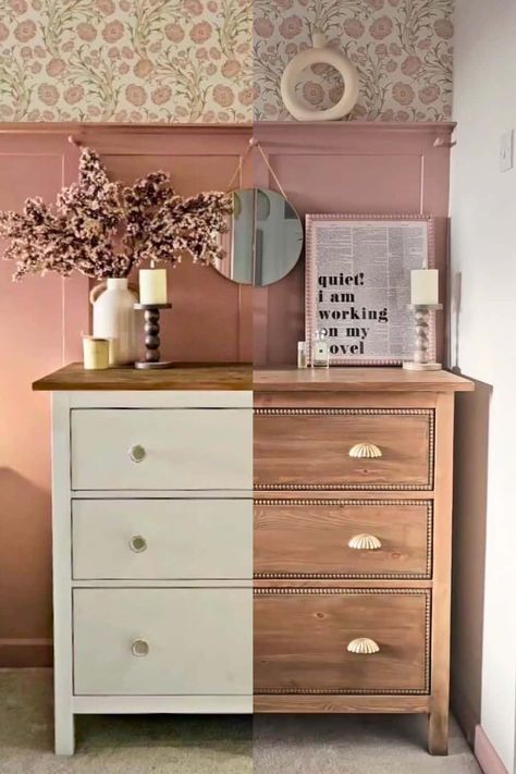 Emma's HEMNES Upcycle Nails the Viral Bobbin Trim Trend 4 Refinished Ikea Hemnes Dresser, Refinish Ikea Furniture, Hemnes Drawers Upcycle, Refinished Chest Of Drawers, Hemnes Upcycle, Bobbin Trim, Ikea Hemnes Tv Stand, Ikea Hemnes Chest Of Drawers, Chest Of Drawers Upcycle