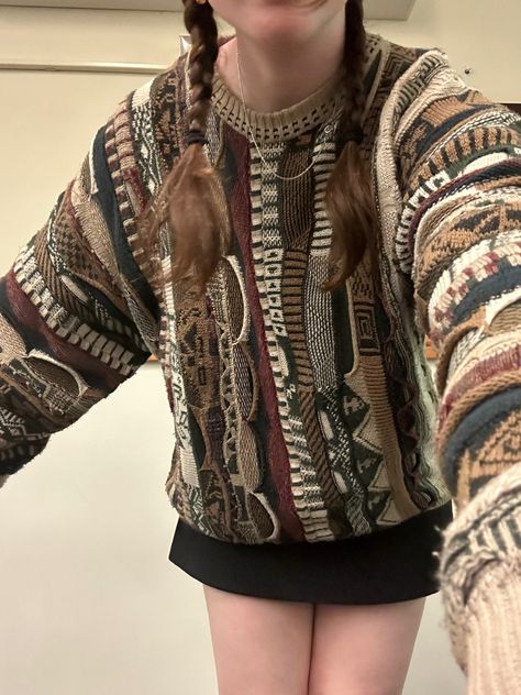 Grandma Sweater Aesthetic, Funky Sweaters Outfit, Thrift Clothes Aesthetic, Vintage Sweaters 90s, Grandpa Sweater Aesthetic, Pattern Sweater Outfit, Thrift Finds Clothes, Grandpa Sweater Outfit, Thrifted Sweaters