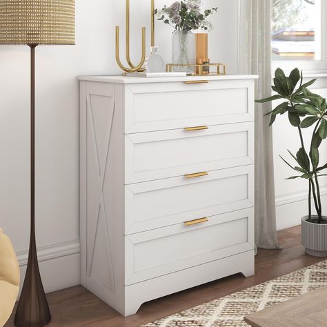 White 4 Drawer Dresser for Bedroom, Tall Bedroom Dresser with Large Drawer & Golden Handles, Wooden Storage Organizer Cabinet Chest of Drawer for Closet, Living Room, Hallway, Children's Room End Of Bed Dresser, Cute Chest Of Drawers, Tall Bedroom Dresser, White Furniture Bedroom, Tall Dresser Decor, Tall Bedroom, Tall Dressers, Bedroom Organizer, Closet Living Room