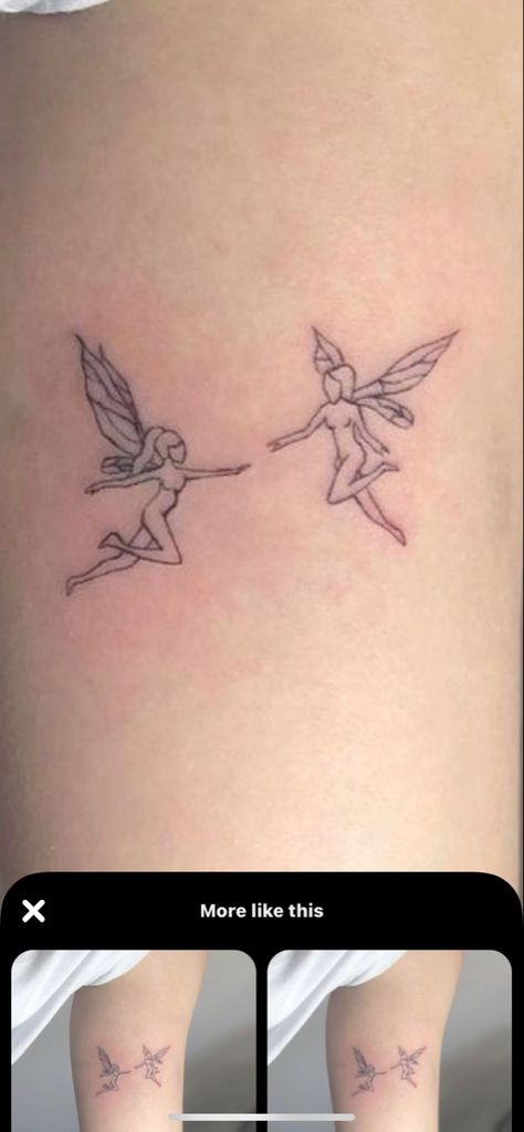 Twin Fairy Tattoos, Fairy Friends Tattoo, Original Best Friend Tattoos, Matching Tattoos Sisters Aesthetic, Spiritual Tattoos Matching, Cute Twin Tattoos, Cute Small Tattoos Best Friends, Polar Opposite Best Friend Tattoos, I Know Its For The Better Tattoo