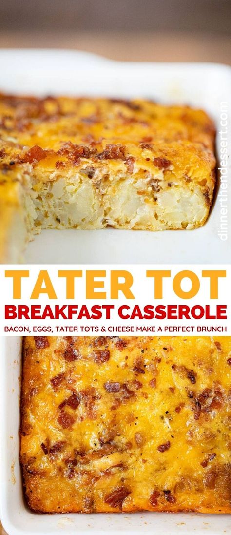 Tater Tot Breakfast Casserole is an easy breakfast recipe for a crowd. #breakfast #breakfastcasserole #tatertots #tatertotcasserole #eggs #eggbake #bacon #tatertothotdish #dinnerthendessert Loaded Tater Tot, Crowd Breakfast, Tot Breakfast Casserole, Loaded Tater Tots, Christmas Breakfast Casserole, Tater Tot Breakfast Casserole, Eggs Dinner, Breakfast Casserole Bacon, Sausage Dinner