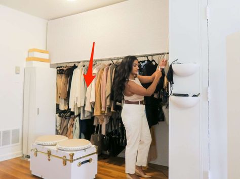 A tiny apartment renter showed us a genius hack for hiding a cluttered closet Exposed Closet, Makeshift Closet, Rolling Shades, Renter Hacks, Hide Clutter, Hidden Closet, Closet Rack, Closet Hacks, No Closet Solutions