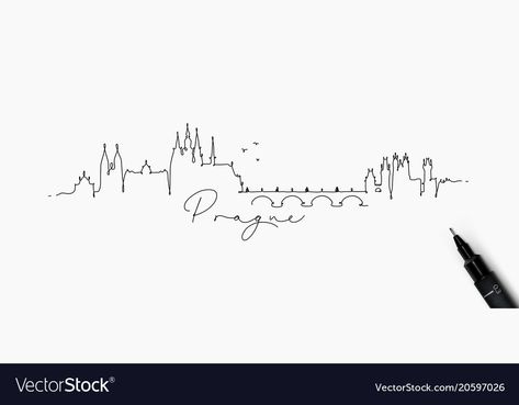 Prague Inspired Tattoo, Prague Tattoo Ideas, Prague Illustration, Prague Tattoo, Tattoo Prague, Cityscape Silhouette, Skyline Tattoo, Skyline Drawing, One Line Tattoo