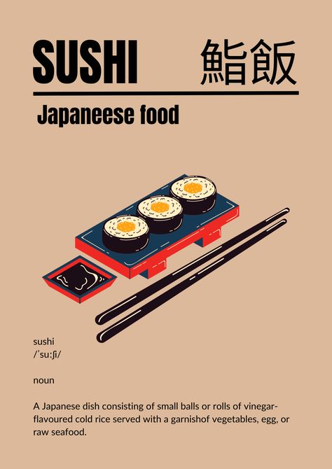 Beige sushi poster made with Canva. Sushi Drawing Aesthetic, Sushi Design Ideas, Sushi Menu Design Ideas, Guidebook Illustration, Japan Food Poster, Sushi Graphic Design, Sushi Poster Design, Japanese Menu Design, Japan Digital Art