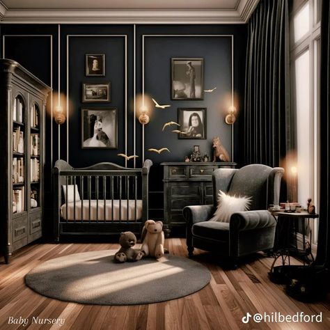 Black Themed Nursery, Dark Nursery Aesthetic, Adams Family Nursery, Dark Vintage Nursery, Dark Nursery Ideas Boys, Moody Nursery Girl, Witchy Baby Nursery, Witchy Nursery Ideas, Dark Baby Room