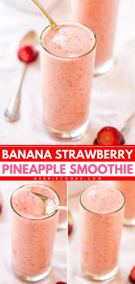 Want more easy summer drinks? Whip up this Banana Strawberry Pineapple Smoothie! This breakfast smoothie is creamy with a tropical vibe. Plus, it's a healthy smoothie recipe that's vegan and gluten-free with no added sugar! Easy Fruit Smoothie Recipes Blenders, Healthy Soomthies, Banana Pineapple Smoothie, Summer Breakfasts, Strawberry Pineapple Smoothie, Drinks Refreshing, Sugar Free Smoothies, Pineapple Banana Smoothie, Healthy Smoothie Recipe