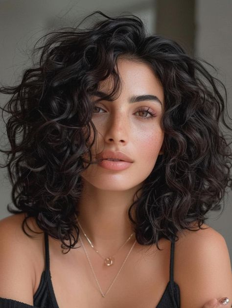 Layered Curly Hair Medium Length, Curly For Short Hair, Curly Medium Hair With Bangs, 2b Haircuts Medium, Short Brunette Curly Hair, How To Style Medium Curly Hair, Natural Curly Hair Short Haircuts, Long Bob Hairstyles For Curly Hair, Rounded Wavy Haircut