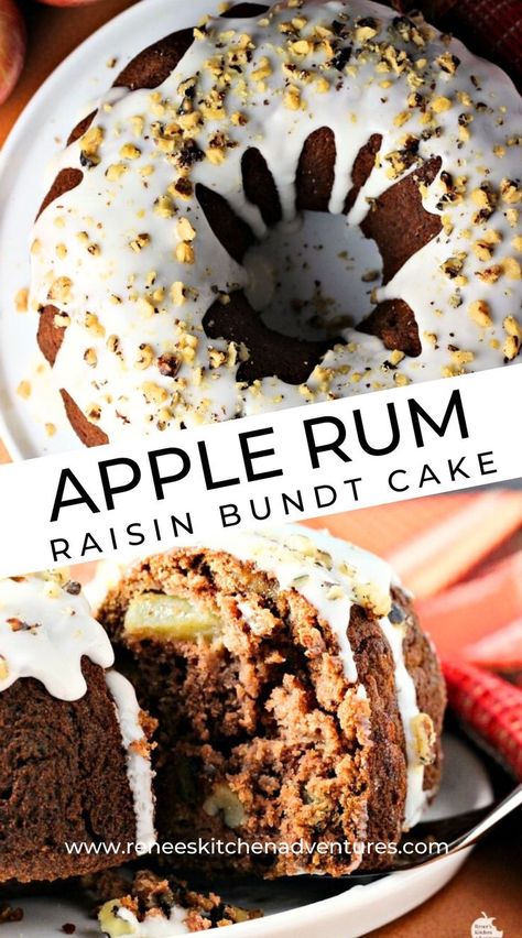 Two photos of an apple rum raisin bundt cake. Overhead full finished cake and a slice of cake ready to eat. Apple Raisin Cake Recipe, Rum Raisin Pie, Rum Raisin Cake, Rum And Raisin, Apple Raisin Cake, Apple Rum Cake, Raisin Recipes Baking, Rum And Raisin Cake, Raisin Cake