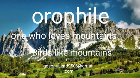 orophile. A person who loves mountains. A Person Who Loves Travelling, Orophile Quotes, Old Poems, Mountain Photo Ideas, Phobia Words, Climbing Quotes, Describe Feelings, Interesting Words, Words Definitions