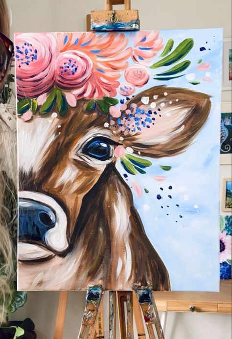 Cow Acrylic Painting, Cow With Flowers, Paintings Wall Decor, Highland Cow Painting, Cow Photography, Painting Animals, Doors Ideas, Highland Cow Canvas, Painting Stuff