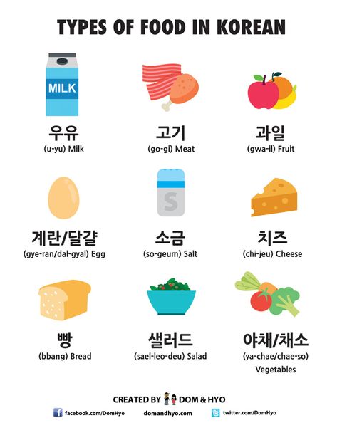 Korean Language Infographics | Learn Basic Korean Vocabulary & Phrases with Dom & Hyo - Part 5 Food In Korean, Learning Korean Grammar, Korean Slang, Learn Basic Korean, Bahasa China, Learn Korean Alphabet, Easy Korean Words, Learn Hangul, Materi Bahasa Jepang