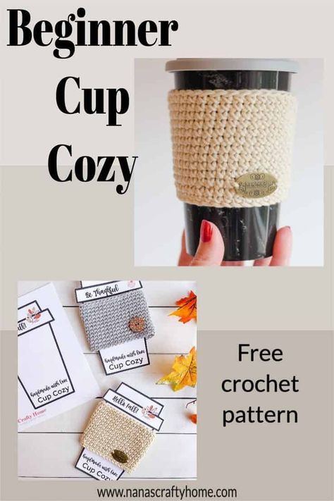 Easy Crochet Coffee Sleeve, Beginner Crochet Coffee Cozy, Crochet Cup Cozy Tutorial, Beginner Crochet Cup Cozy, Easy Cup Cozy Crochet Pattern, Crochet Coffee Holder, Easy Crochet Cup Cozy, Crochet Pumpkin Cup Cozy, Cup Cosy Crochet