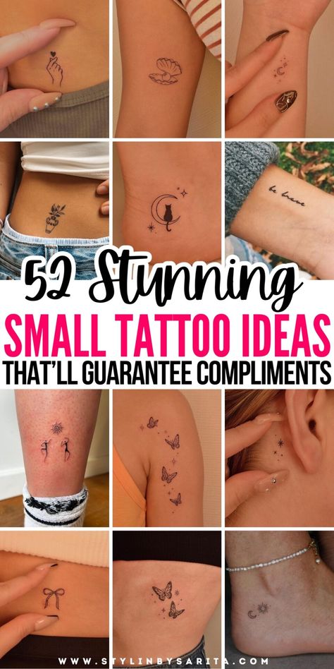 50+ INSANELY CUTE SMALL TATTOO IDEAS TO COPY - Stylin by Sarita Small Charm Tattoo, 2in Tattoo Ideas, Minimal Feminine Tattoo, Where To Put A Small Tattoo, Female Small Tattoos Ideas, Tattoos For Women Medium Size, Small Cleavage Tattoos Women, Dainty Womens Tattoos, Beginner Tattoos Ideas For Women