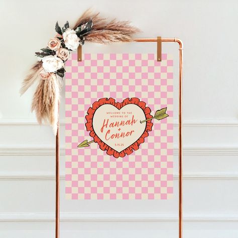 Editable Retro Wedding Welcome Sign Hand Drawn, Welcome Easel Template, Checkerboard Quirky Fun Wedding Sign Party Rehearsal Dinner 003 Welcome Easel, Checkerboard Background, Arrow Illustration, Quirky Wedding, Edit Template, Welcome Sign Template, Canva App, Retro Wedding, Wedding Welcome Sign