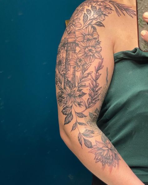 Birth month flowers with lighthouse tattoo Lighthouse Tattoo For Women Half Sleeves, Lighthouse Sleeve Tattoo Women, Floral Nautical Tattoo Sleeve, Tattoo Lighthouse, Lighthouse Tattoo With Flowers, Lighthouse And Flowers Tattoo, Lighthouse Tattoo For Women, Light House Tattoo, Girly Lighthouse Tattoo