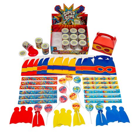 Superhero Party Favor Kits for 12 - OrientalTrading.com Superhero Treats, Superhero Favors, Superhero Party Favors, Slime Containers, Swirl Lollipops, Sonic Birthday, Superhero Masks, Slap Bracelets, Superhero Theme