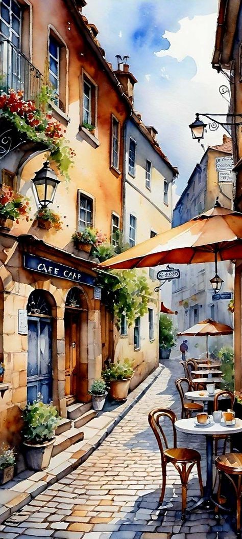 Boho Art Drawings, Watercolor Architecture, Acrylic Painting Lessons, Cafe Art, Landscape Art Painting, 수채화 그림, Fantasy Places, Watercolor Art Lessons, Landscape Illustration