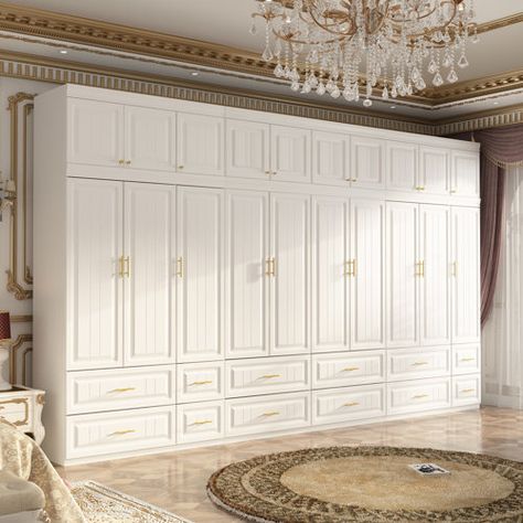 Red Barrel Studio® Amulree Solid + Manufactured Wood Armoire | Wayfair Wood Built Ins Bedroom, Wall Of Closets Built Ins, Cabinet Design Bedroom, Built In Wardrobe Ideas Layout, Gold Closet, Armoire Closet, White Armoire, Bedroom Built In Wardrobe, Dream Closet Design