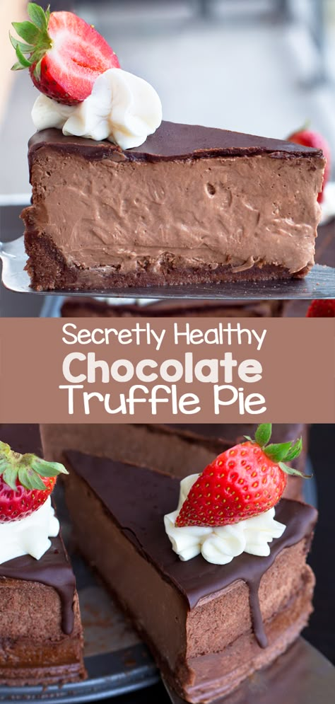 Secretly Healthy Chocolate Pie Recipe Gf Chocolate Desserts, Chocolate Truffle Pie Recipe, Easy Dairy Free Dessert, Freezer Pies, Chocolate Truffle Pie, Vegan Chocolate Pie, Truffle Pie, Ella Vegan, Healthy Pies