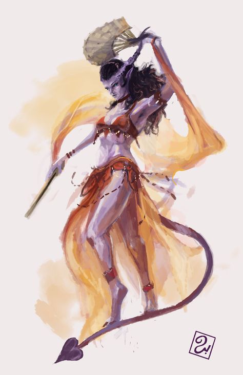 ArtStation - Tiefling Dancer (commission piece), Cameron Nissen Dnd Bard Female Dancer, Tiefling Dancer, Tiefling Inspiration, Tiefling Monk, Princes Of The Apocalypse, Dnd Desert, Tiefling Warlock, Tiefling Female, Fantasy Circus